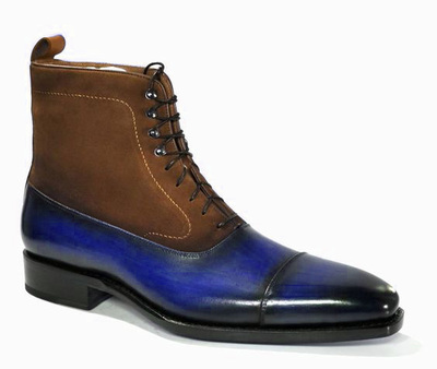 Handmade Blue Twotone Cap Toe Ankle High Formal Wear Mens Boot