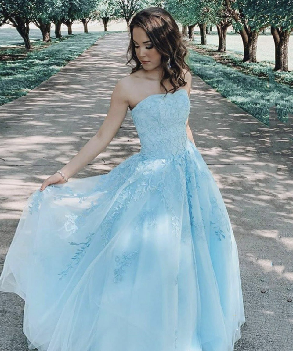 Blue tulle lace long prom dress evening dress