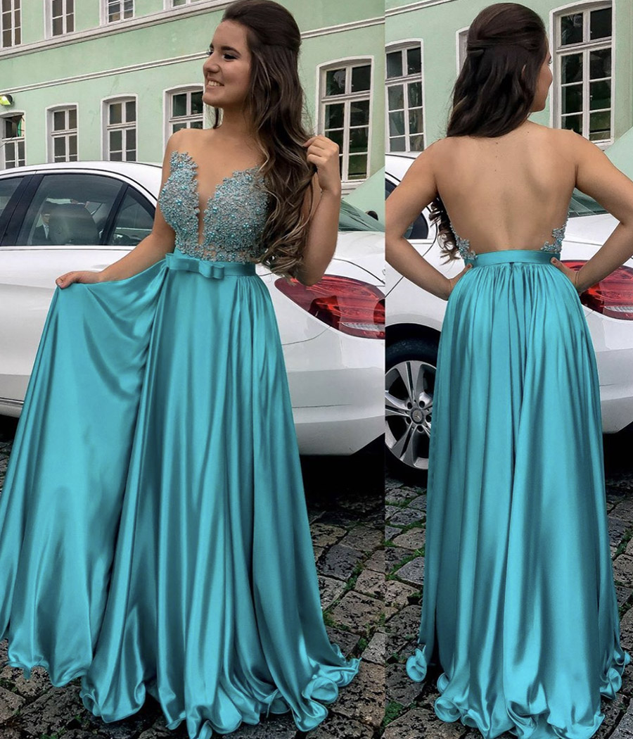 Blue satin lace long prom dress evening dress