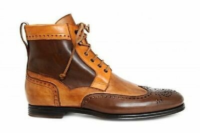 Two Tone Tan Brown Brouging High Ankle Men Lace Up Premium Quality Leather Boots