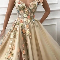 A Line One Shoulder V Neck 3D Flowers Prom Dresses, Tulle Sleeveless Evening Dresses - Thumbnail 1