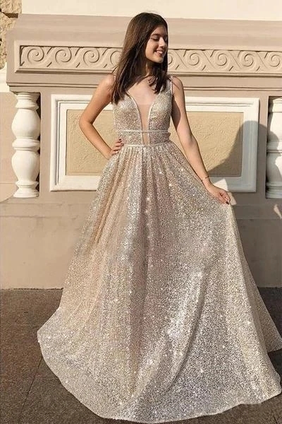 Modest Sparkly A Line V Neck Long Prom Dresses, Evening Dresses