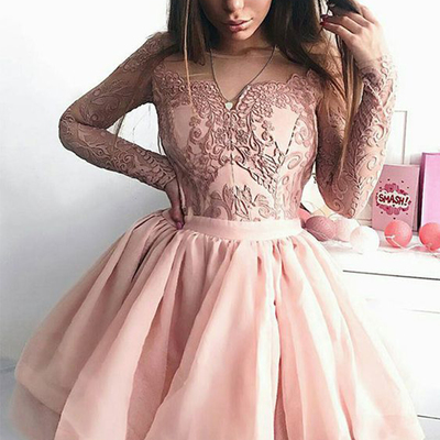 Cute round neck long sleeves blush hoco dresses, fashion homecoming dresses with appliques - Thumbnail 3
