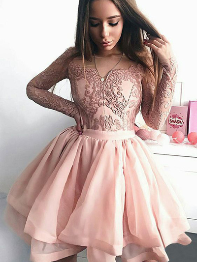 Cute Round Neck Long Sleeves Blush Hoco Dresses, Fashion Homecoming Dresses with Appliques