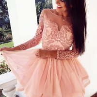 Cute Round Neck Long Sleeves Blush Hoco Dresses, Fashion Homecoming Dresses with Appliques - Thumbnail 1