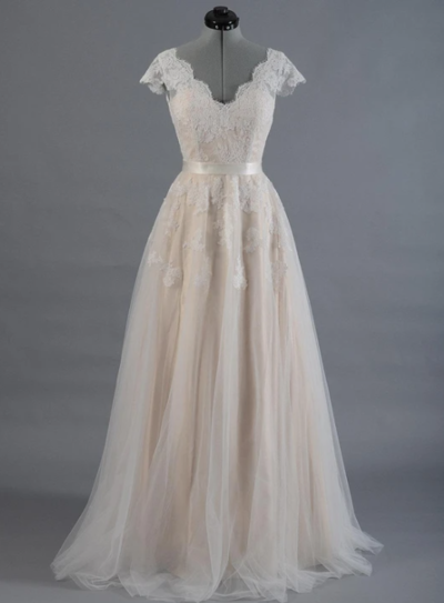 Cap Sleeve V-Neck Lace Wedding Dress With Tulle Skirt and V-Back,607