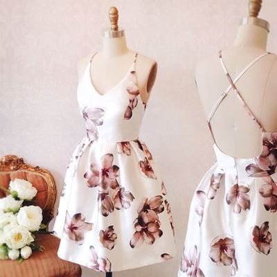 Cute a line v neck floral printed satin hoco dresses - Thumbnail 3