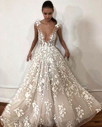 Glamorous A-Line Deep V Neck Cap Sleeves Ivory 3D Flower Lace Wedding Gown