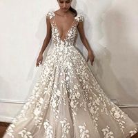 Glamorous A-Line Deep V Neck Cap Sleeves Ivory 3D Flower Lace Wedding Gown - Thumbnail 1