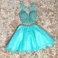 Short Two Pieces Homecoming Prom Dresses 2020 Tulle Beading Party Gowns Scoop Lace Appliques Graduation Cocktail Dress 2021 - Thumbnail 1