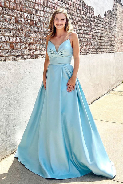 Blue Satin V Neck Long Dress, Graduation Dress, Formal Dress 2021