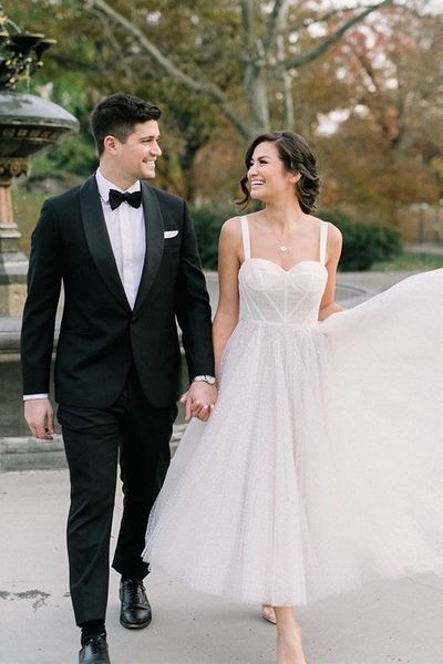Pretty A-Line Sweetheart White Tulle Tea Length Beach Wedding Dress