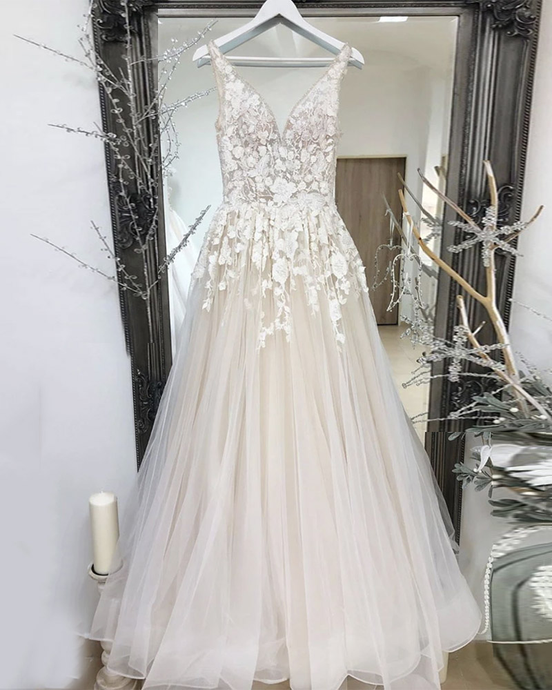 Champagne tulle lace long prom gown evening dress