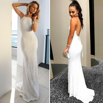Gorgeous sparkly mermaid halter open back white sequins evening dresses, party dresses - Thumbnail 5