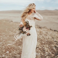 Elegant Long Sleeves Lace Backless Wedding Dresses A-Line Sweep Train Bridal Gowns  - Thumbnail 2