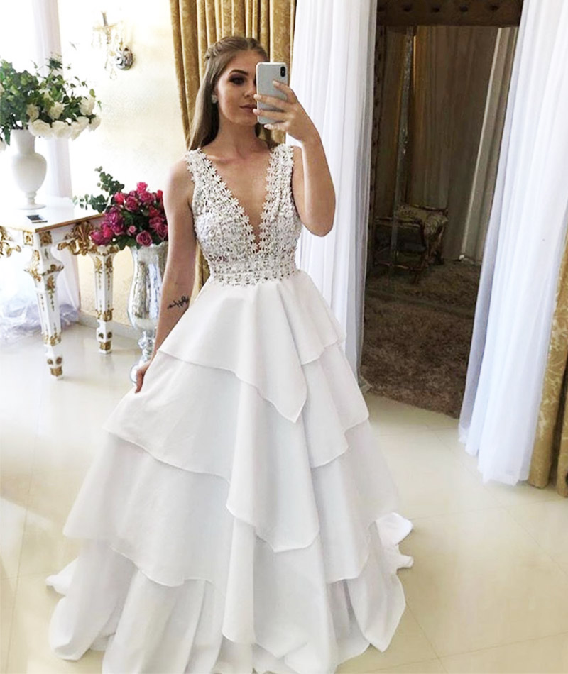 White v neck long prom gown dress formal dress