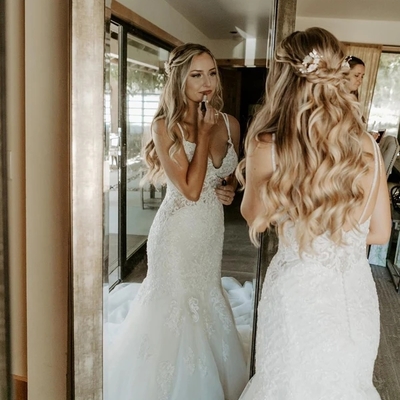 Elegant tulle v-neck appliqued spaghetti straps mermaid sleeveless chapel train wedding dresses - Thumbnail 4