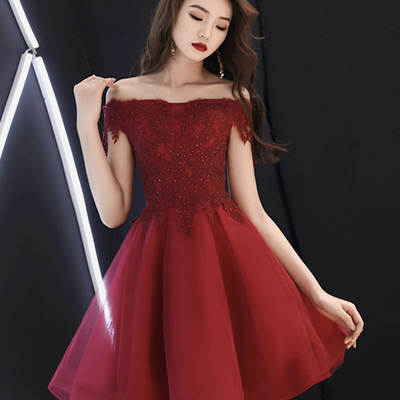 Burgundy lace short prom dress homecoming dress - Thumbnail 4