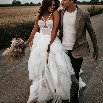 Sexy halter backless tulle wedding dresses a-line bridal gowns - Thumbnail 4