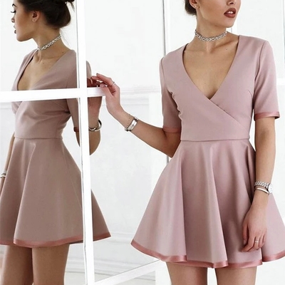 Chic satin v-neck neckline short sleeves a-line cocktail dresses - Thumbnail 3