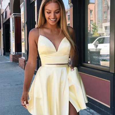 Cute a line v neck two piece daffodil satin hoco dresses with bow under 100 - Thumbnail 3