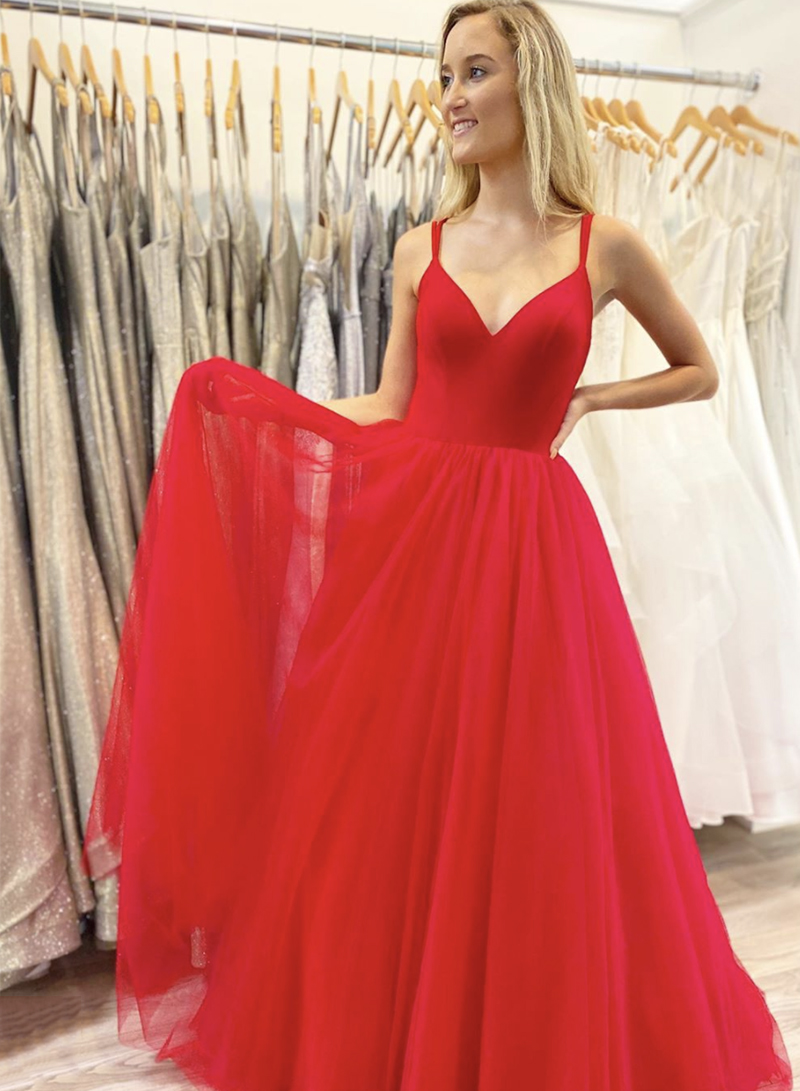 Red v neck tulle long prom dress evening dress
