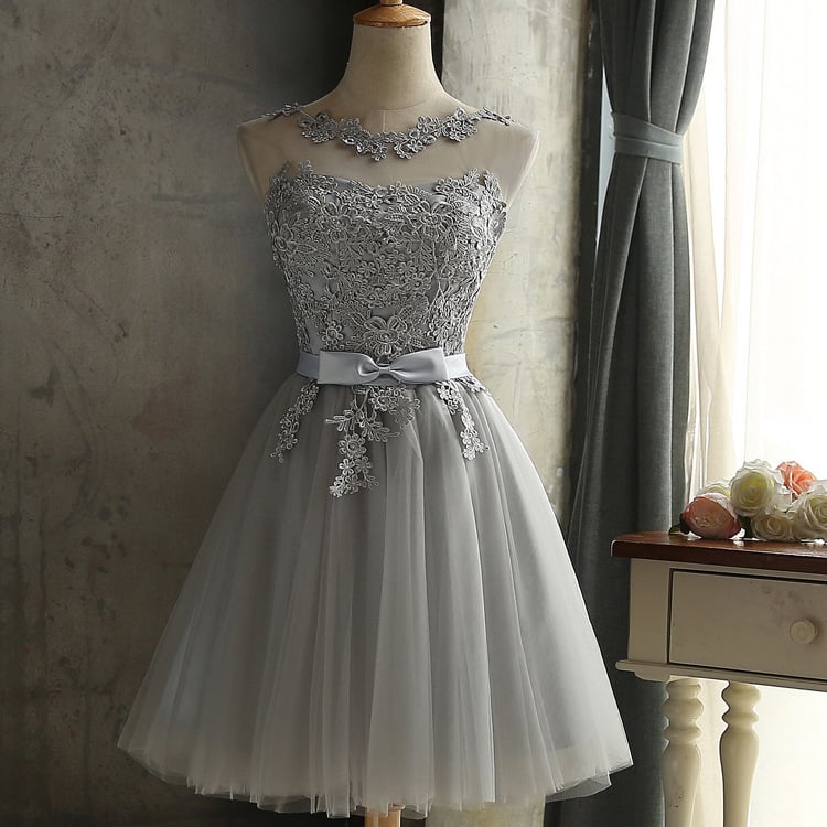 Gray lace short A line prom dress homecoming dress