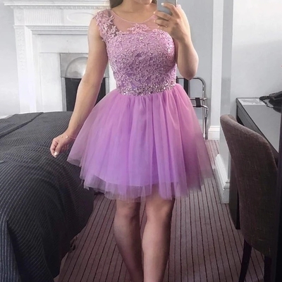 Pretty a-line round neck lilac tulle homecoming dress with appliques and beading - Thumbnail 2
