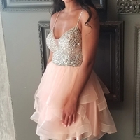 Princess A-Line V Neck Pink Tulle Short Homecoming Dress with Beading - Thumbnail 1