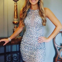 Luxurious Bodycon Round Neck Beaded Short Mini Homecoming Dress,Tight Hoco Party Dresses - Thumbnail 1
