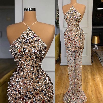 Luxurious halter prom dresses with rhinestones - Thumbnail 4