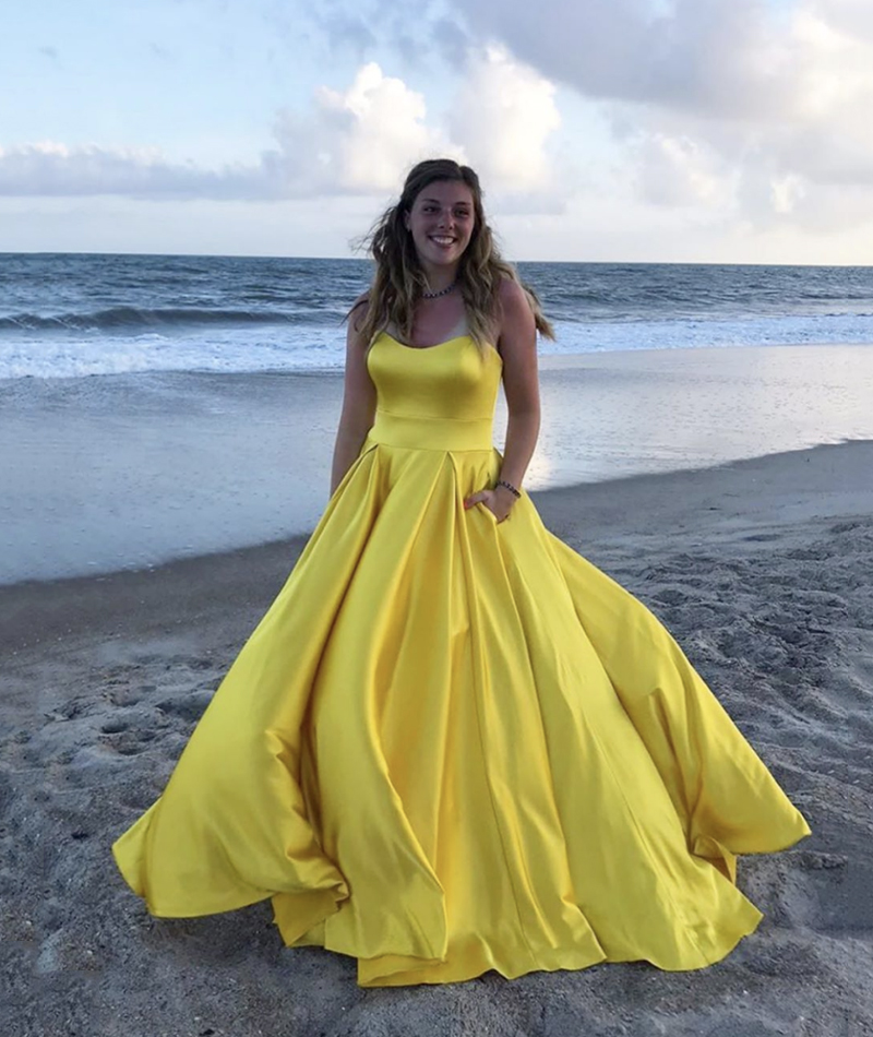 Yellow satin long prom dress yellow evening dress
