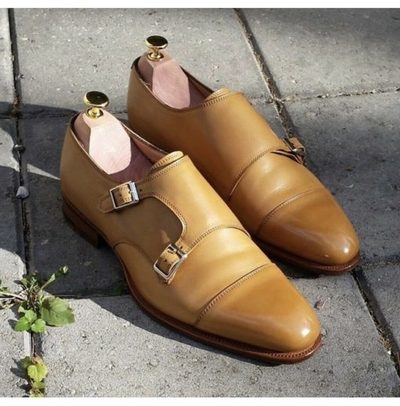 New Pure Handmade Tan Leather Double Monk Strap Shoes for Men’s