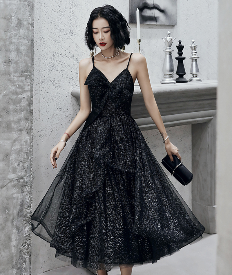 Black tulle short prom dress black evening dress