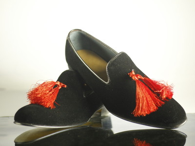 Handmade Men's Black Shoes, Men's Velvet With Red Tussles Formal Dress Shoes