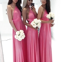 Multi A-Line Pink Chiffon Long Bridesmaid Dresses Evening Party Dresses - Thumbnail 3