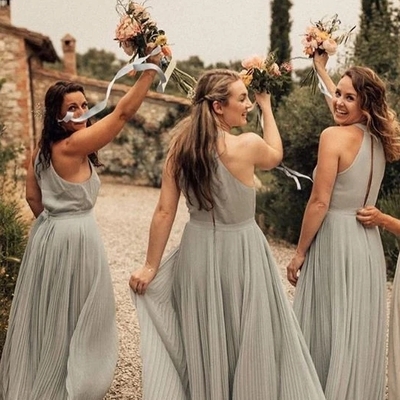 A-line halter pleated sleeveless bridesmaid dresses chiffon long gowns - Thumbnail 2