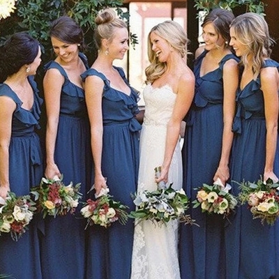 Modest long chiffon bridesmaid dresses a-line v-neck gowns - Thumbnail 4