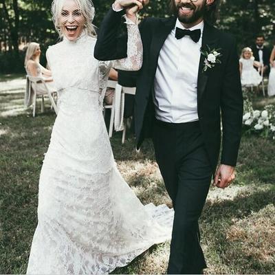 Bohemia long sleeves open back lace wedding dresses, retro wedding dresses - Thumbnail 2