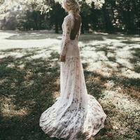 Bohemia Long Sleeves Open Back Lace Wedding Dresses, Retro Wedding Dresses - Thumbnail 2