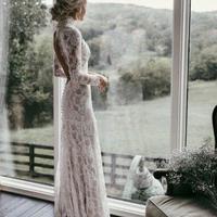 Bohemia Long Sleeves Open Back Lace Wedding Dresses, Retro Wedding Dresses - Thumbnail 5
