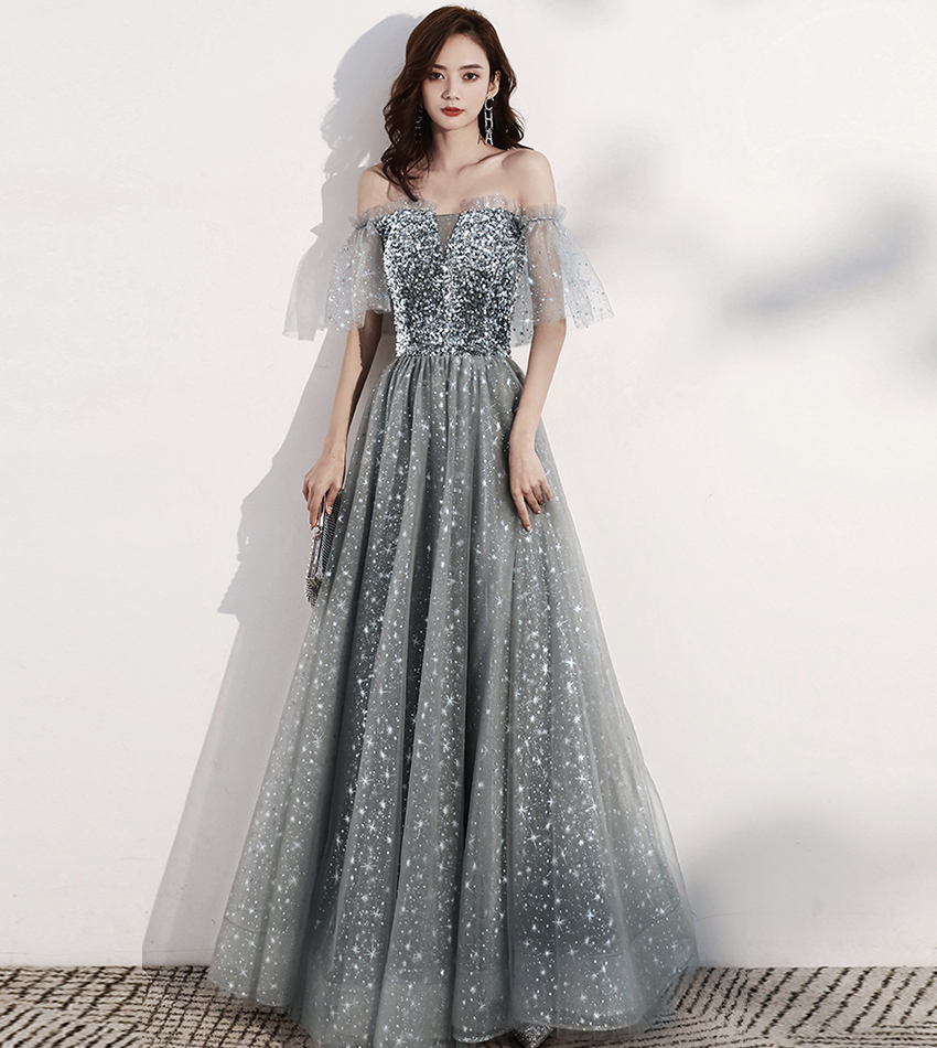 Shiny tulle long prom dress with sequins gray evening dress