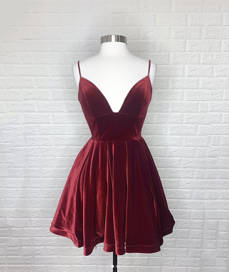 Burgundy v neck velvet short prom dress party dress