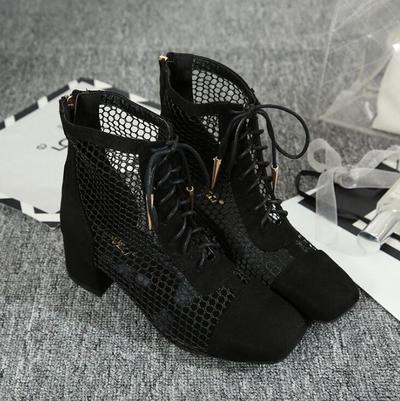 Block Heels Ankle Boot Women's Short Boots Hollow Mesh Mid-heel Short Tube Lace-up Shoes F8720
