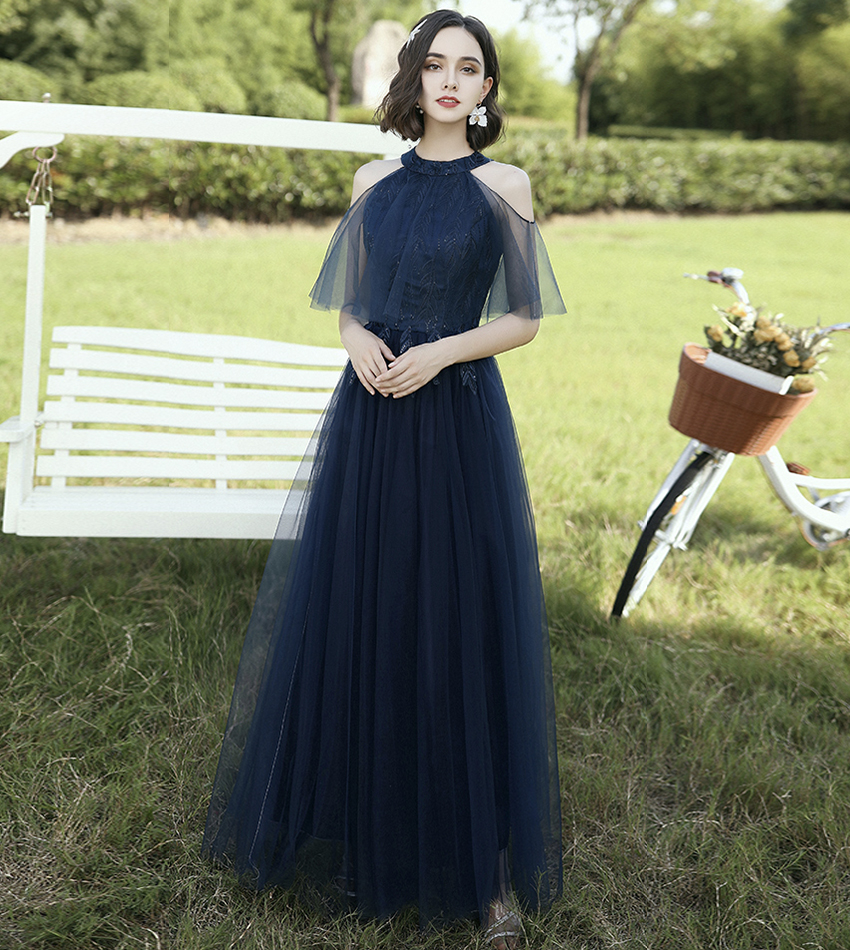 Blue tulle lace long prom dress blue evening dress
