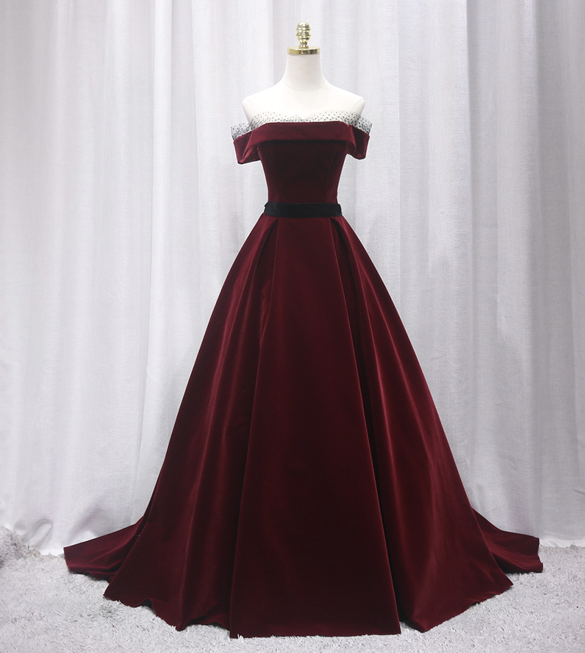 Burgundy velvet long prom gown formal dress