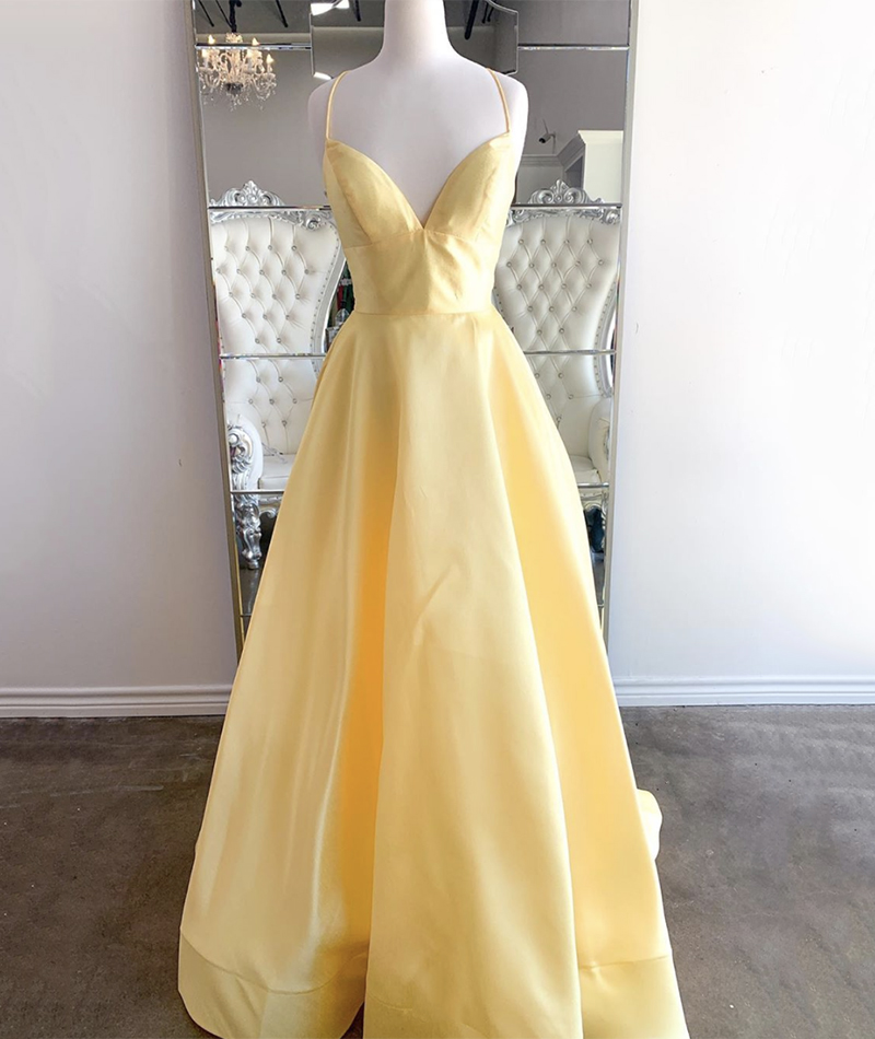 Simple satin long prom dress yellow evening dress