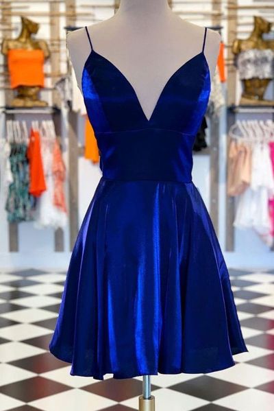 Simple A-Line V Neck Royal Blue Velvet Short Homecoming Dresses Under 100