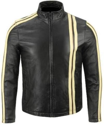 Leather Skin Men Black Biker Motorcycle Leather Jacket with Yellow Stripes