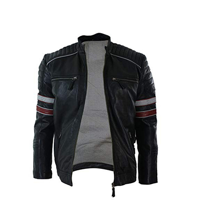 Men's Racing Black Biker Jacket Red White Stripes Real Leather Casual Fit black